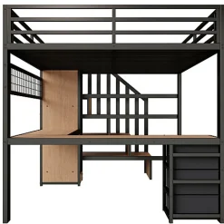Lit mezzanine 140x200 cm en fer - Compartiments de rangement - 4 tiroirs - LED - Bureau et escalier - Noir (sans matelas)