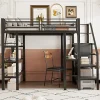 Lit mezzanine 140x200 cm en métal noir avec bureau armoire étagères et escalier de rangement sécurisé