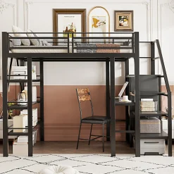 Lit mezzanine 140x200 cm en métal noir avec bureau armoire étagères et escalier de rangement sécurisé