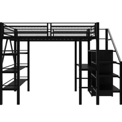 Lit mezzanine 140x200 cm en métal noir avec bureau armoire étagères et escalier de rangement sécurisé