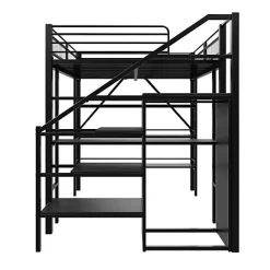 Lit mezzanine 140x200 cm en métal noir avec bureau armoire étagères et escalier de rangement sécurisé