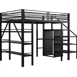Lit mezzanine 140x200 cm en métal noir avec bureau armoire étagères et escalier de rangement sécurisé