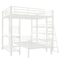 Lit mezzanine 140x200 cm en métal blanc avec étagères de rangement intégrées et structure multifonctionnelle