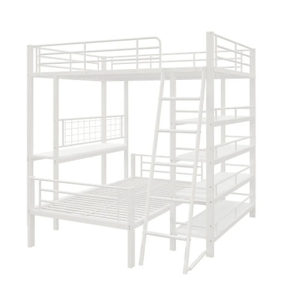 Lit mezzanine 140x200 cm en métal blanc avec étagères de rangement intégrées et structure multifonctionnelle