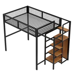 Lit mezzanine 140x200 cm en métal noir avec échelle étagères et penderie ouverte pour enfant