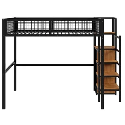 Lit mezzanine 140x200 cm en métal noir avec échelle étagères et penderie ouverte pour enfant