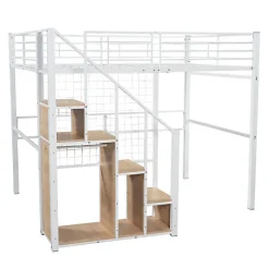 Lit mezzanine 140x200 cm en métal blanc avec échelle de sécurité et étagère pour enfant ou adolescent