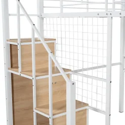 Lit mezzanine 140x200 cm en métal blanc avec échelle de sécurité et étagère pour enfant ou adolescent