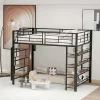 Lit mezzanine 140x200 cm en métal noir avec échelle sécurisée rangement étagères et penderie pour adolescent