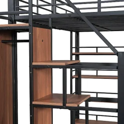 Lit mezzanine 140x200 cm en métal noir avec échelle sécurisée rangement étagères et penderie pour adolescent