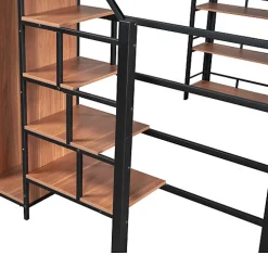 Lit mezzanine 140x200 cm en métal noir avec échelle sécurisée rangement étagères et penderie pour adolescent