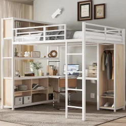 Lit Mezzanine 140x200 cm en Métal - Lit Double avec Bureau, Penderie et Rangements - Sans Matelas - Blanc