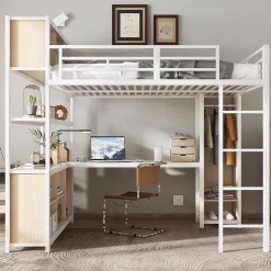 Lit Mezzanine 140x200 cm en Métal - Lit Double avec Bureau, Penderie et Rangements - Sans Matelas - Blanc