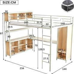 Lit Mezzanine 140x200 cm en Métal - Lit Double avec Bureau, Penderie et Rangements - Sans Matelas - Blanc