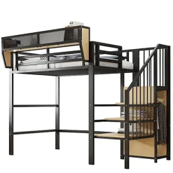 Lit mezzanine 90x200 cm en métal noir avec échelle sécurisée et espace de rangement modulable