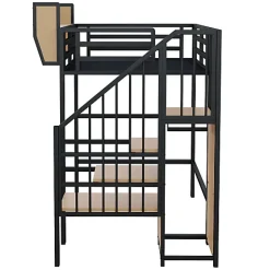 Lit mezzanine 90x200 cm en métal noir avec échelle sécurisée et espace de rangement modulable