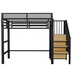 Lit mezzanine 90x200 cm en métal noir avec échelle sécurisée et espace de rangement modulable