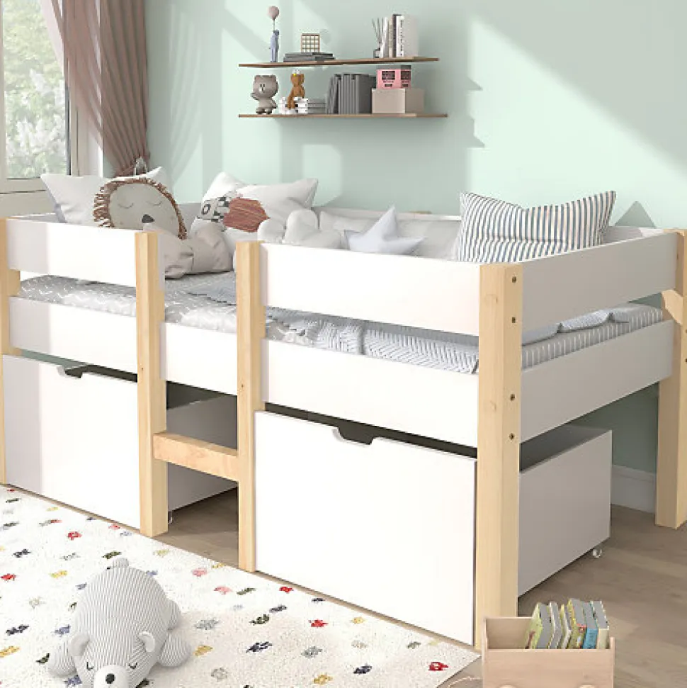 Lit mezzanine 90x190 cm en pin massif avec tiroirs - Blanc (sans matelas)