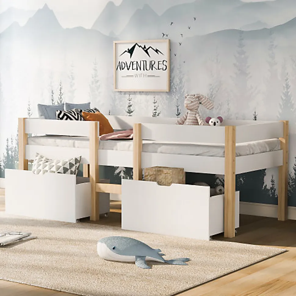 Lit mezzanine 90x190 cm en pin massif avec tiroirs - Blanc (sans matelas)