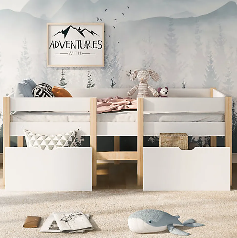 Lit mezzanine 90x190 cm en pin massif avec tiroirs - Blanc (sans matelas)