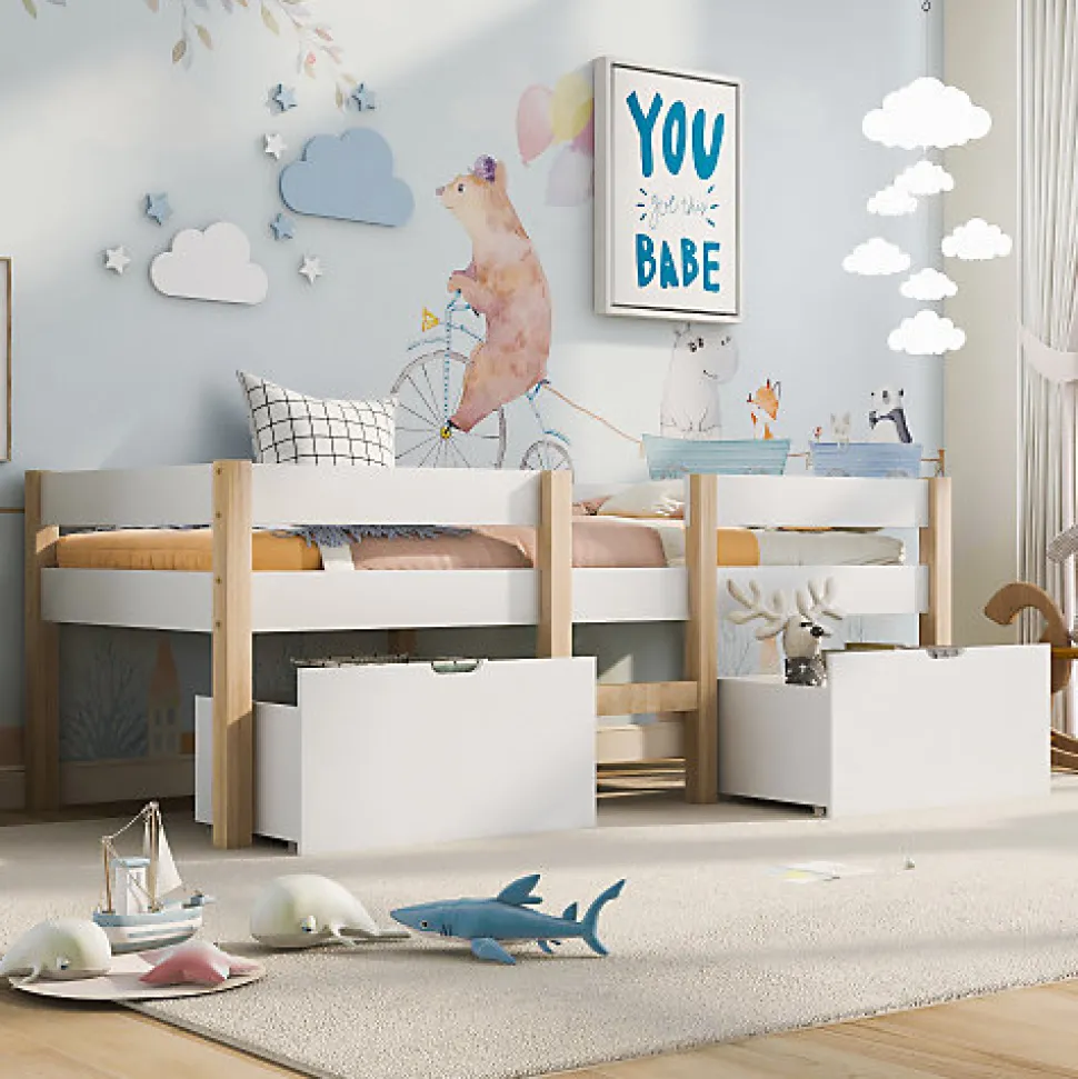 Lit mezzanine 90x190 cm en pin massif avec tiroirs - Blanc (sans matelas)