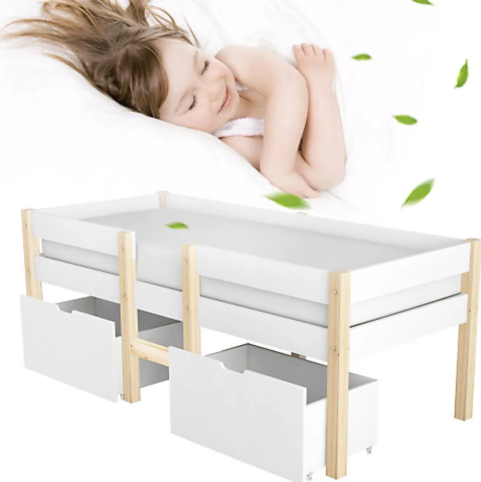 Lit mezzanine 90x190 cm en pin massif avec tiroirs - Blanc (sans matelas)