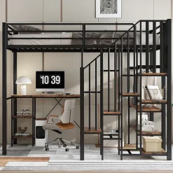 Lit Mezzanine 120x200 cm enfant, Bureau, Étagères et Rangement, Métal et Bois Vintage, Noir et Bois Vintage, Sans Matelas