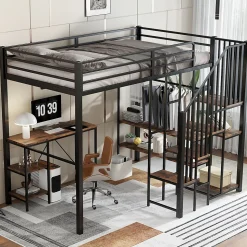 Lit Mezzanine 120x200 cm enfant, Bureau, Étagères et Rangement, Métal et Bois Vintage, Noir et Bois Vintage, Sans Matelas