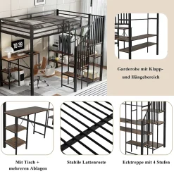 Lit Mezzanine 120x200 cm enfant, Bureau, Étagères et Rangement, Métal et Bois Vintage, Noir et Bois Vintage, Sans Matelas