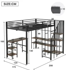 Lit Mezzanine 120x200 cm enfant, Bureau, Étagères et Rangement, Métal et Bois Vintage, Noir et Bois Vintage, Sans Matelas