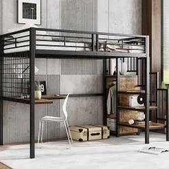 Lit mezzanine 90x200 cm enfant métal avec bureau et armoire intégrée, échelle sécurisée, blanc et naturel sans matelas