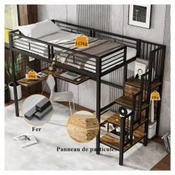 Lit mezzanine 90x200 cm enfant métal avec bureau et armoire intégrée, échelle sécurisée, blanc et naturel sans matelas