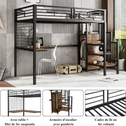 Lit mezzanine 90x200 cm enfant métal avec bureau et armoire intégrée, échelle sécurisée, blanc et naturel sans matelas