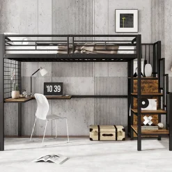 Lit mezzanine 90x200 cm enfant métal avec bureau et armoire intégrée, échelle sécurisée, blanc et naturel sans matelas