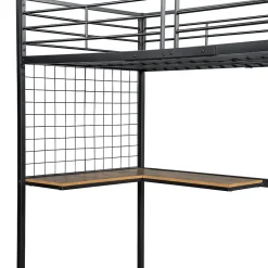 Lit mezzanine 90x200 cm enfant métal avec bureau et armoire intégrée, échelle sécurisée, blanc et naturel sans matelas