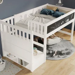 Lit Mezzanine 90x200 cm enfant, Bureau, Rangement, Tiroirs, Protection Anti-Chute, Tableau Blanc/Noir, Bois Blanc, Sans Matelas
