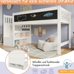 Lit Mezzanine 90x200 cm enfant, Bureau, Rangement, Tiroirs, Protection Anti-Chute, Tableau Blanc/Noir, Bois Blanc, Sans Matelas