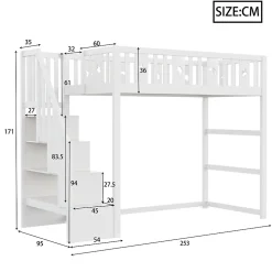 Lit mezzanine 90x200 cm enfant avec escalier intégré, barrières de sécurité, déco lune et étoiles, bois massif blanc sans matelas