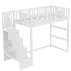Lit mezzanine 90x200 cm enfant avec escalier intégré, barrières de sécurité, déco lune et étoiles, bois massif blanc sans matelas