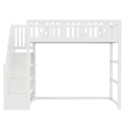 Lit mezzanine 90x200 cm enfant avec escalier intégré, barrières de sécurité, déco lune et étoiles, bois massif blanc sans matelas