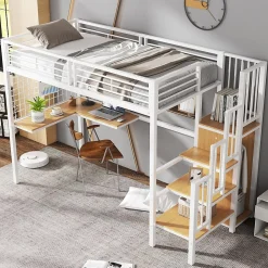 Lit mezzanine 90x200 cm enfant métal avec bureau et armoire intégrée, échelle sécurisée, blanc et naturel sans matelas