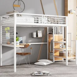 Lit mezzanine 90x200 cm enfant métal avec bureau et armoire intégrée, échelle sécurisée, blanc et naturel sans matelas