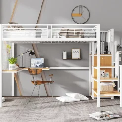 Lit mezzanine 90x200 cm enfant métal avec bureau et armoire intégrée, échelle sécurisée, blanc et naturel sans matelas