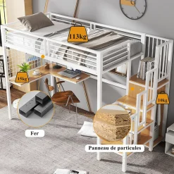 Lit mezzanine 90x200 cm enfant métal avec bureau et armoire intégrée, échelle sécurisée, blanc et naturel sans matelas