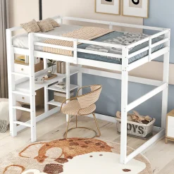 Lit mezzanine 140x200 cm enfant avec bureau et 4 compartiments de rangement, lit combiné bois naturel blanc sans matelas