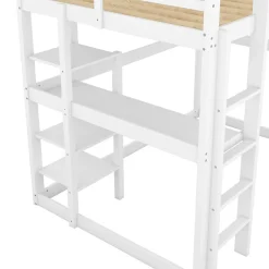 Lit mezzanine 140x200 cm enfant avec bureau et 4 compartiments de rangement, lit combiné bois naturel blanc sans matelas