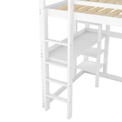 Lit mezzanine 140x200 cm enfant avec bureau et 4 compartiments de rangement, lit combiné bois naturel blanc sans matelas