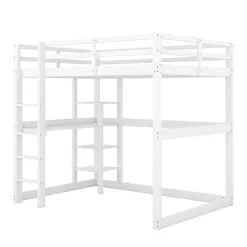 Lit mezzanine 140x200 cm enfant avec bureau et 4 compartiments de rangement, lit combiné bois naturel blanc sans matelas