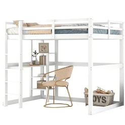 Lit mezzanine 140x200 cm enfant avec bureau et 4 compartiments de rangement, lit combiné bois naturel blanc sans matelas