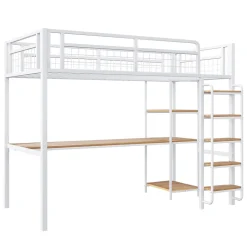 Lit mezzanine 90x200 cm enfant métal, bureau et étagères intégrés, échelle de sécurité, garde-corps métal, blanc - Sans matelas